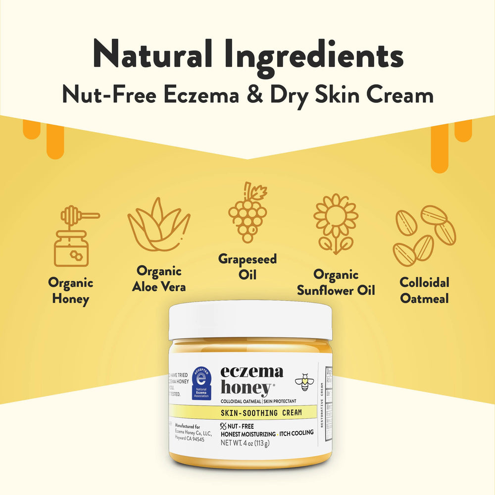 ECZEMA HONEY jar closeup with natural honey and aloe visuals