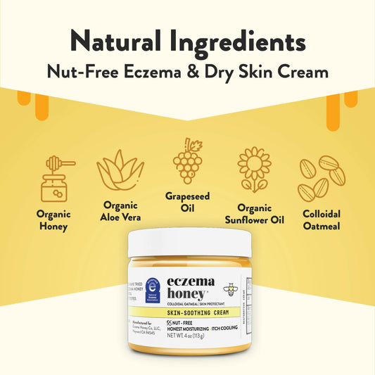 ECZEMA HONEY jar closeup with natural honey and aloe visuals