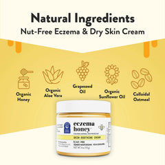 ECZEMA HONEY jar closeup with natural honey and aloe visuals