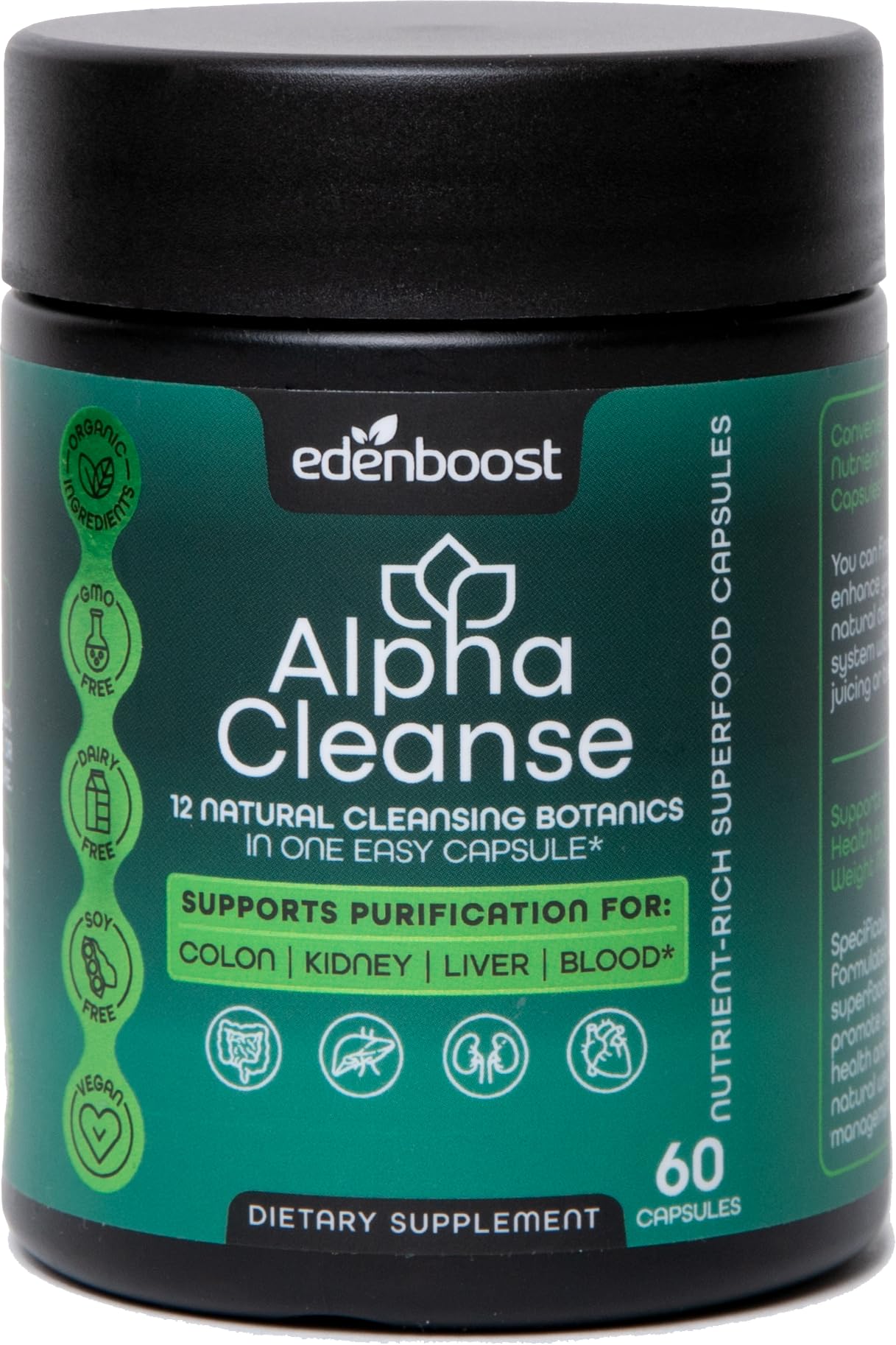 EdenBoost AlphaCleanse bottle front supports liver health and daily detox routines.