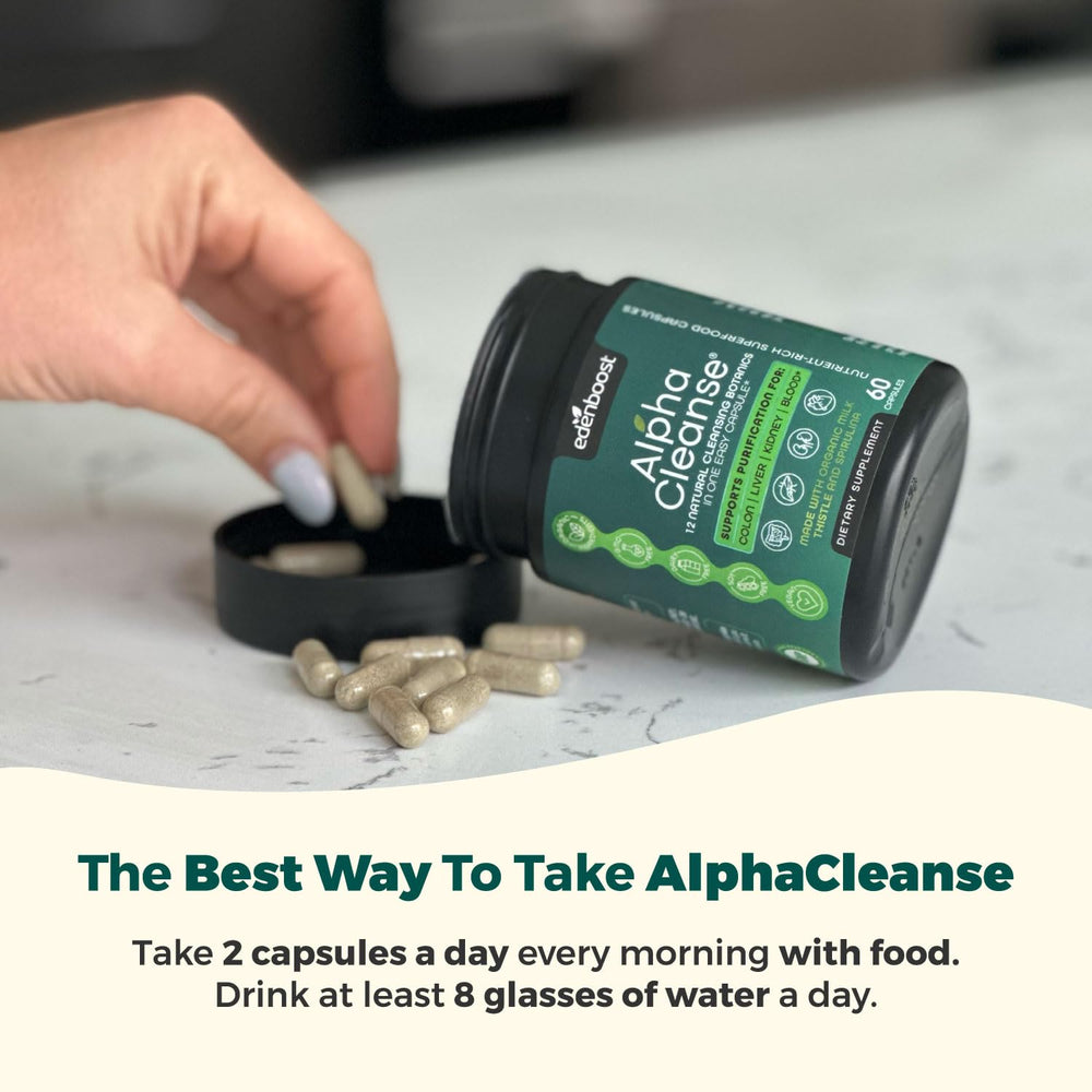 Lifestyle scene with AlphaCleanse bottle on kitchen counter for wellness use.