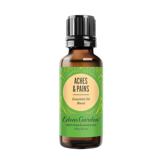 Edens Garden Aches & Pains bottle pour shows a soothing aroma in focus.