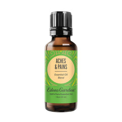 Edens Garden Aches & Pains bottle pour shows a soothing aroma in focus.