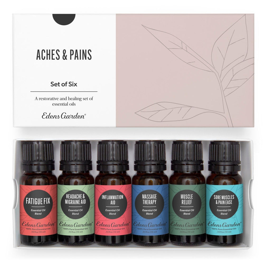 Edens Garden Aches & Pains set box shows six undiluted blends for massage.