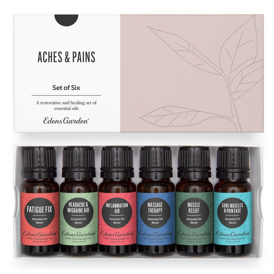 Edens Garden Aches & Pains set box shows six undiluted blends for massage.