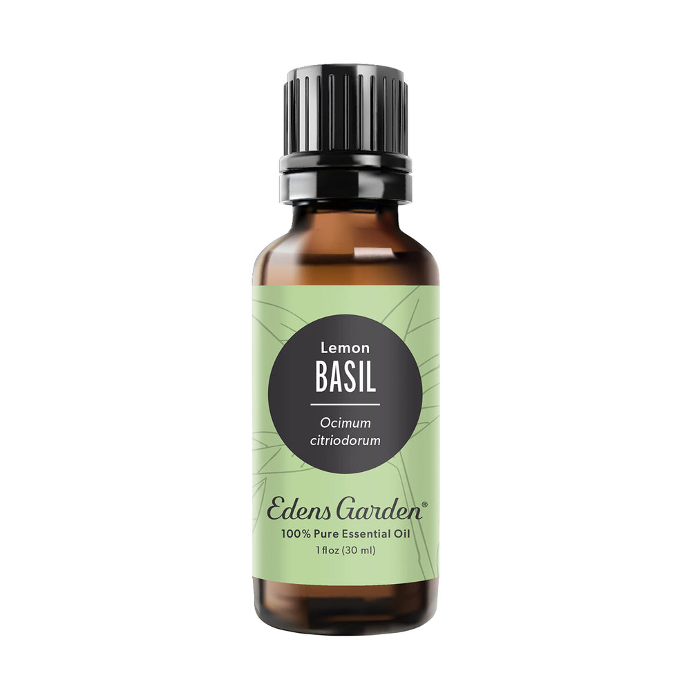 Edens Garden Basil-Lemon essential oil bottle—vibrant scent for uplifting diffusers.