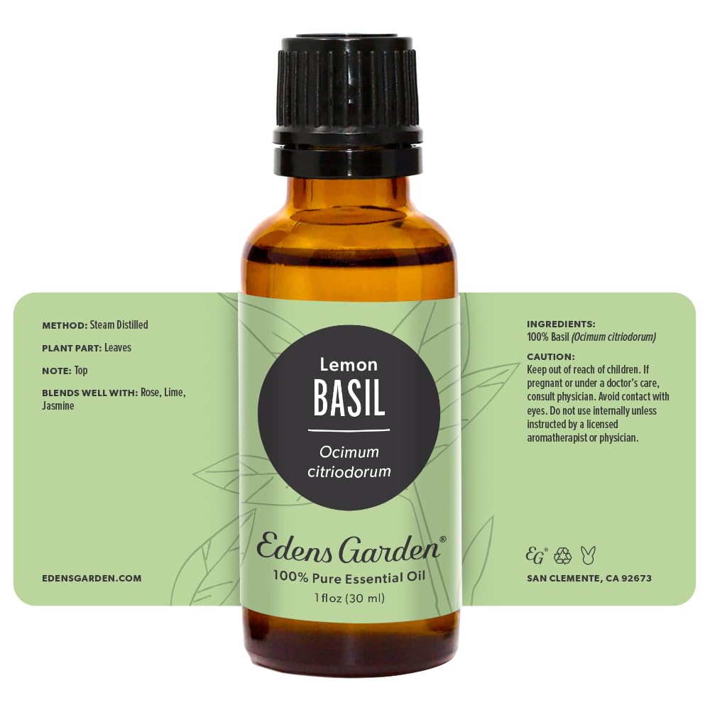 Edens Garden Basil-Lemon essential oil packaging showcases transparent labeling.