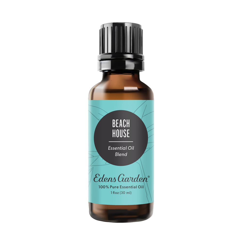 Edens Garden Beach House bottle front shows tropical notes for calming aroma space