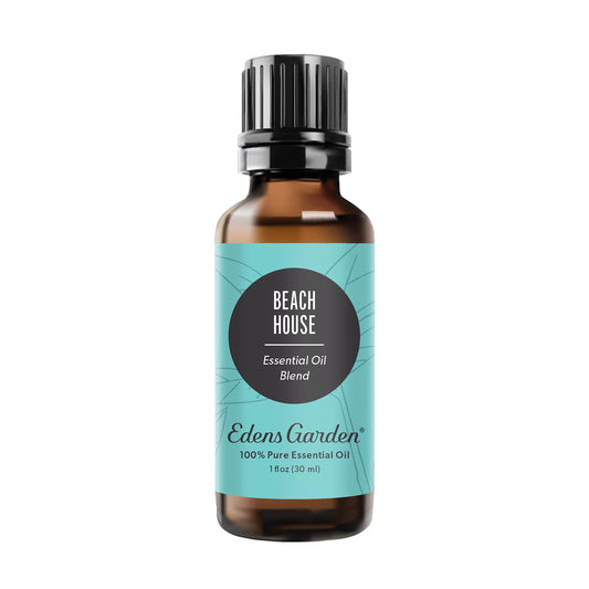 Edens Garden Beach House bottle front shows tropical notes for calming aroma space