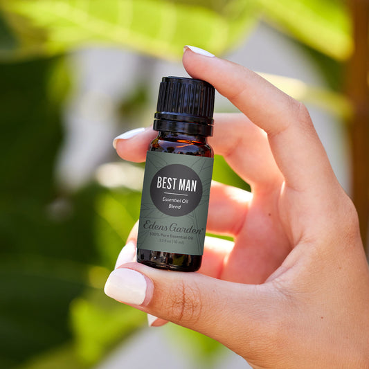 Edens Garden Best Man essential oil cap close-up showing secure packaging.