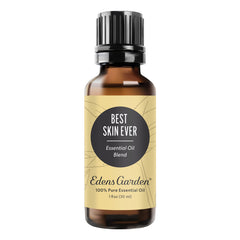 Edens Garden Best Skin Ever bottle label, pure essential oil blend for skin nourishment.