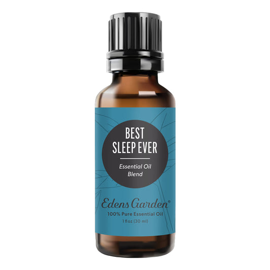 Close-up of Edens Garden Best Sleep Ever bottle label for premium aromatherapy.