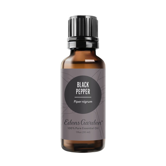 Edens Garden Black Pepper oil bottle close-up for diffusion and massage.