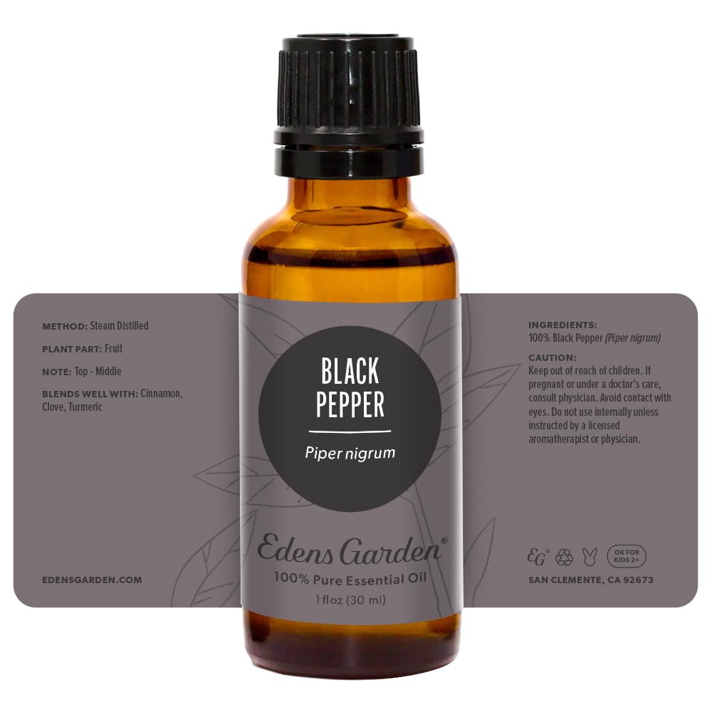 Edens Garden Black Pepper oil packaging and product label visible.