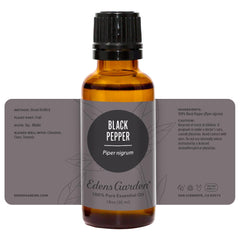 Edens Garden Black Pepper oil packaging and product label visible.