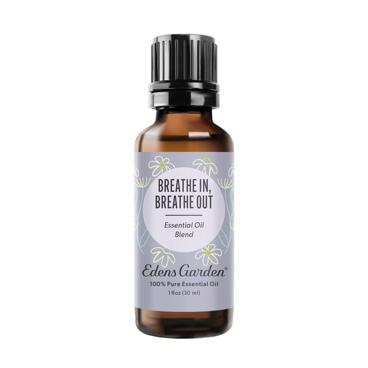 Edens Garden Breathe In, Breathe Out bottle—pure essential oil for diffuser ambiance.
