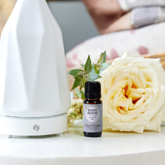 Diffuser setup featuring Edens Garden Breathe In, Breathe Out for calming room aroma.