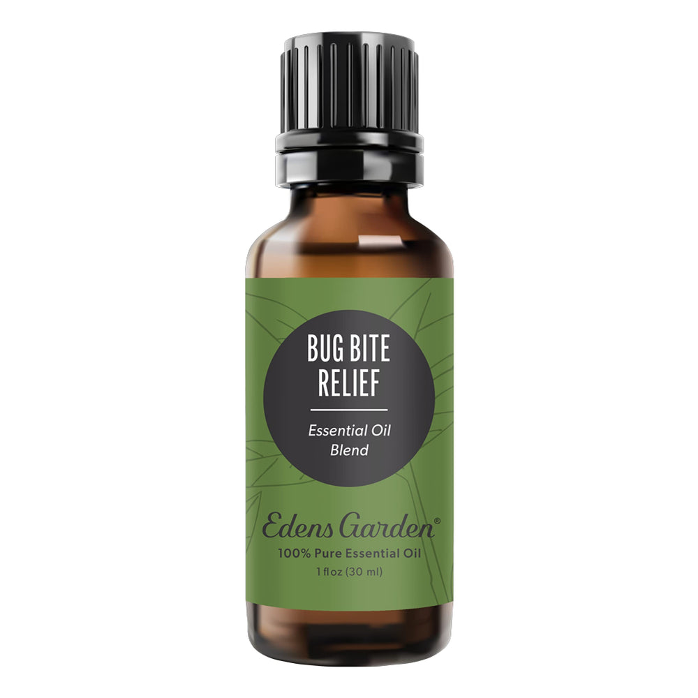 Edens Garden Bug Bite Relief bottle close-up showing skin comfort for outdoors