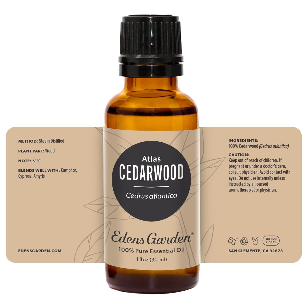 Edens Garden Cedarwood Atlas packaging; conveys premium, accessible essential oils.