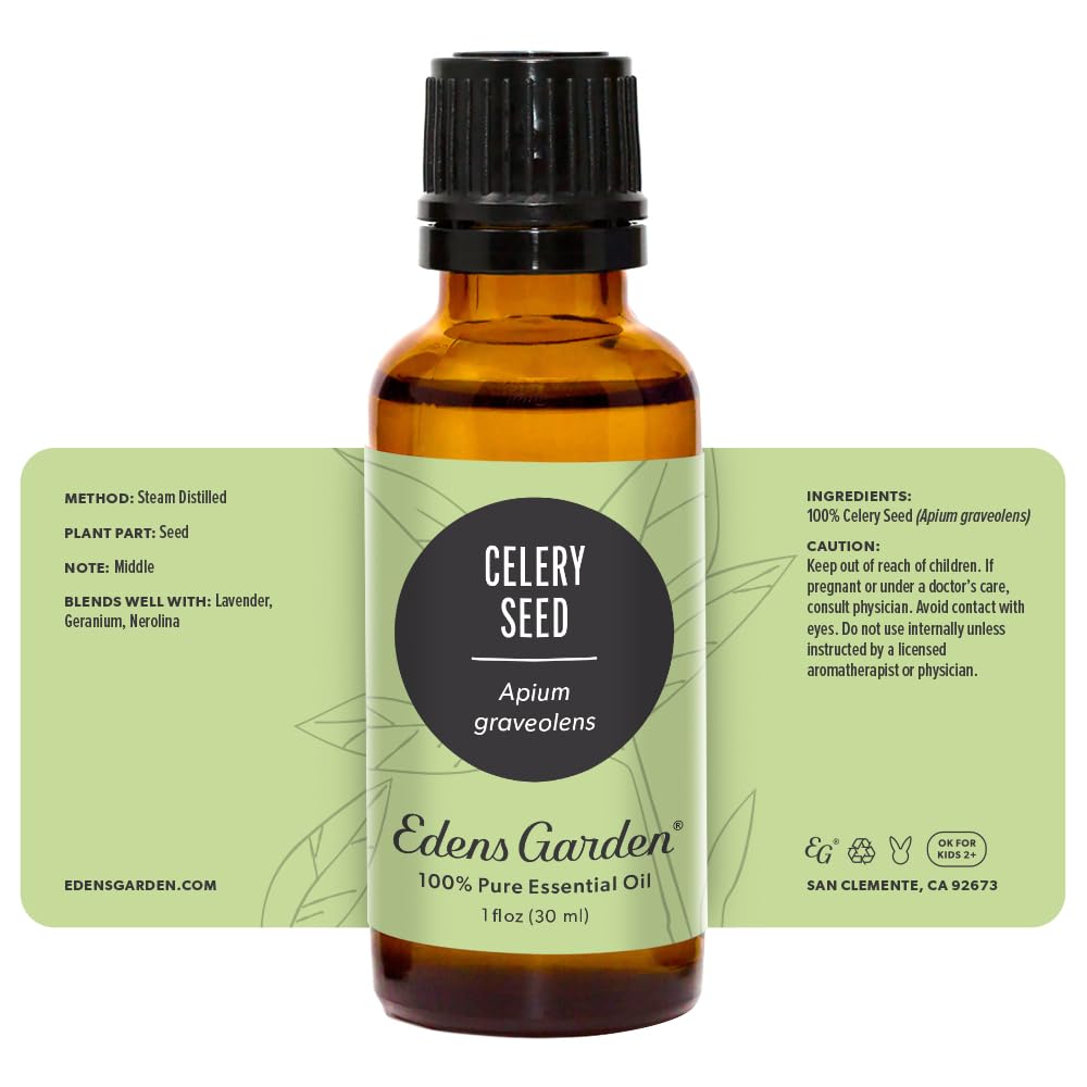 Edens Garden Celery Seed Oil closeup packaging communicates premium quality.