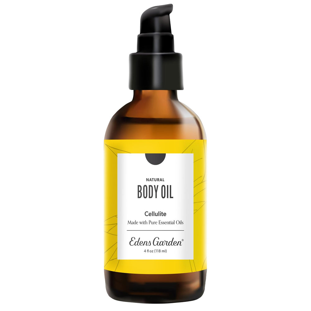 Edens Garden cellulite oil bottle front view showing premium blend for moisturized skin