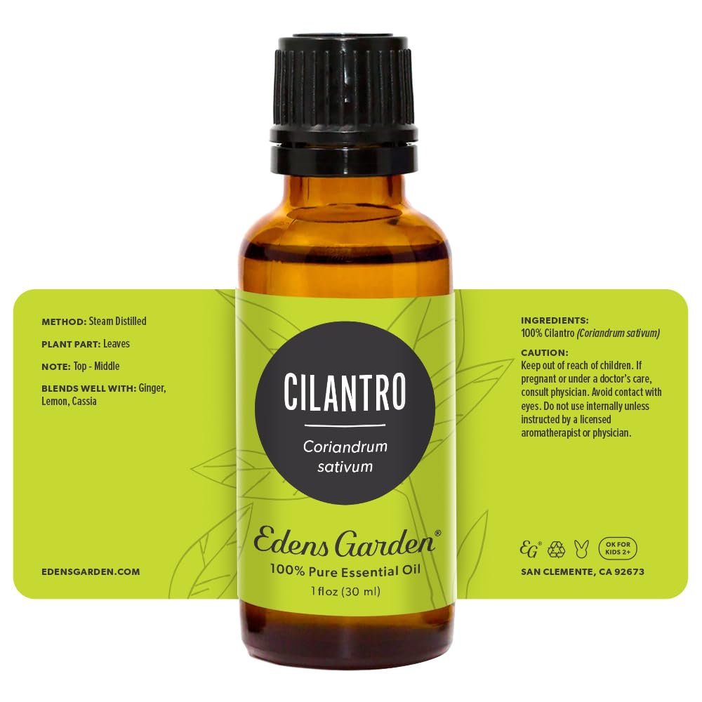Edens Garden Cilantro Essential Oil packaging showcases affordable quality and transparency.