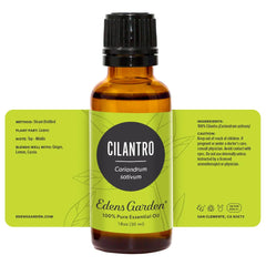 Edens Garden Cilantro Essential Oil packaging showcases affordable quality and transparency.