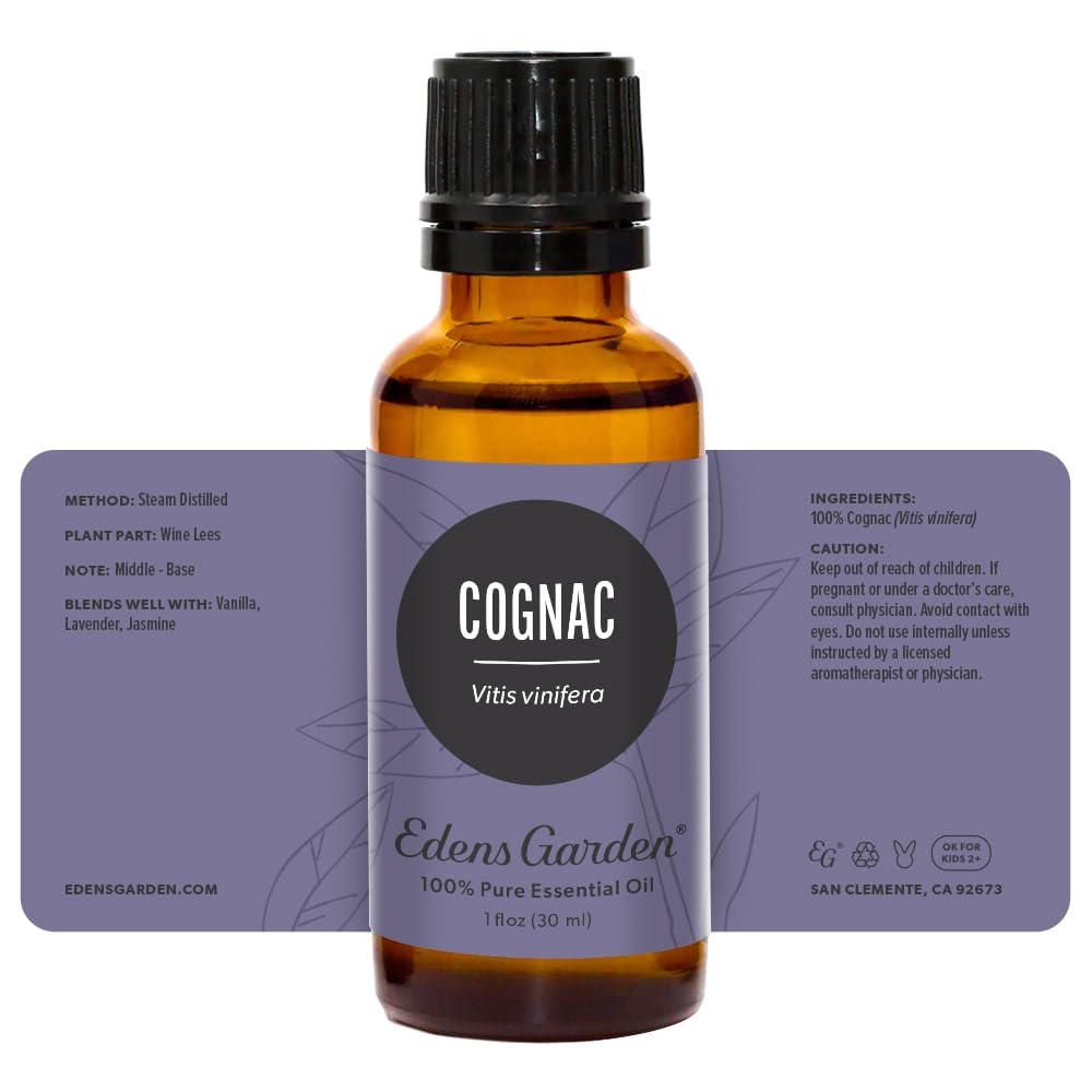 Edens Garden Cognac essential oil bottle packaging showcases affordable premium quality.