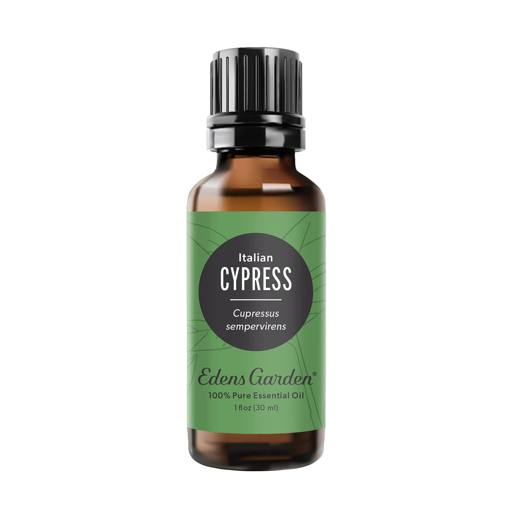 Edens Garden Cypress Italian essential oil bottle showcasing crisp aroma for calm, focused spaces.