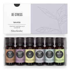 Edens Garden De-Stress six-pack bottles displayed for home diffusion and portability.