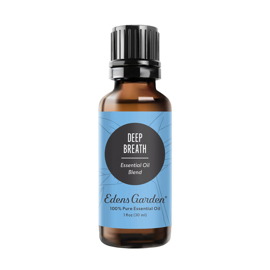 Edens Garden Deep Breath bottle pour showing pure essential oils for refreshing breathing rituals.