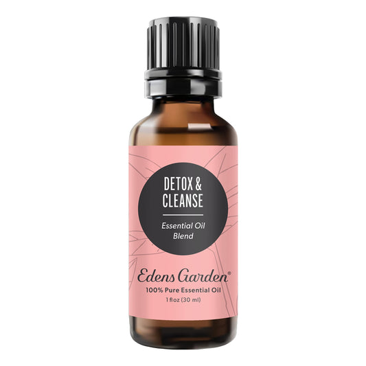 Edens Garden Detox and Cleanse bottle label, premium essential oil blend for mood and ambiance.