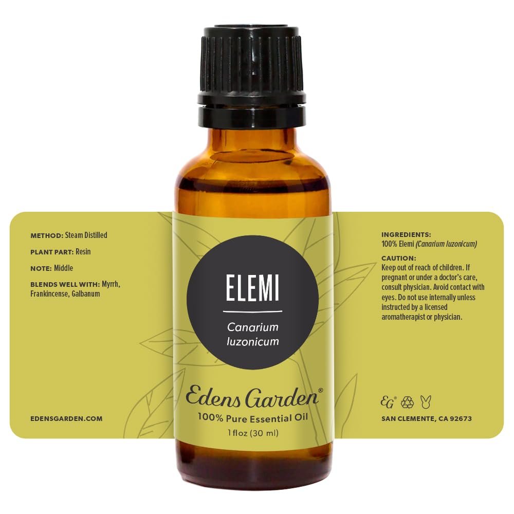 Edens Garden Elemi essential oil bottle with lid showcases natural, resinous aroma.