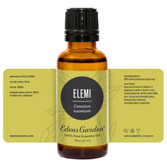 Edens Garden Elemi essential oil bottle with lid showcases natural, resinous aroma.