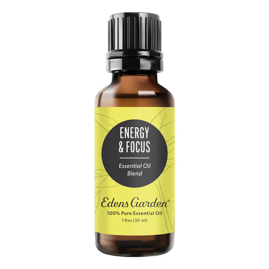 Edens Garden Energy & Focus essential oil bottle front showing citrus aroma for alertness