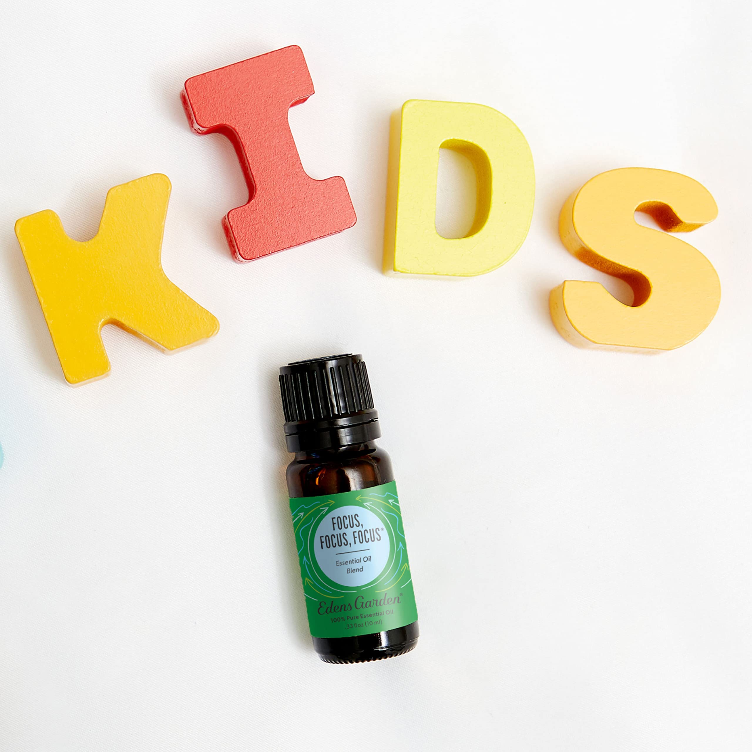 Edens Garden Focus bottle label highlighting premium essential oils