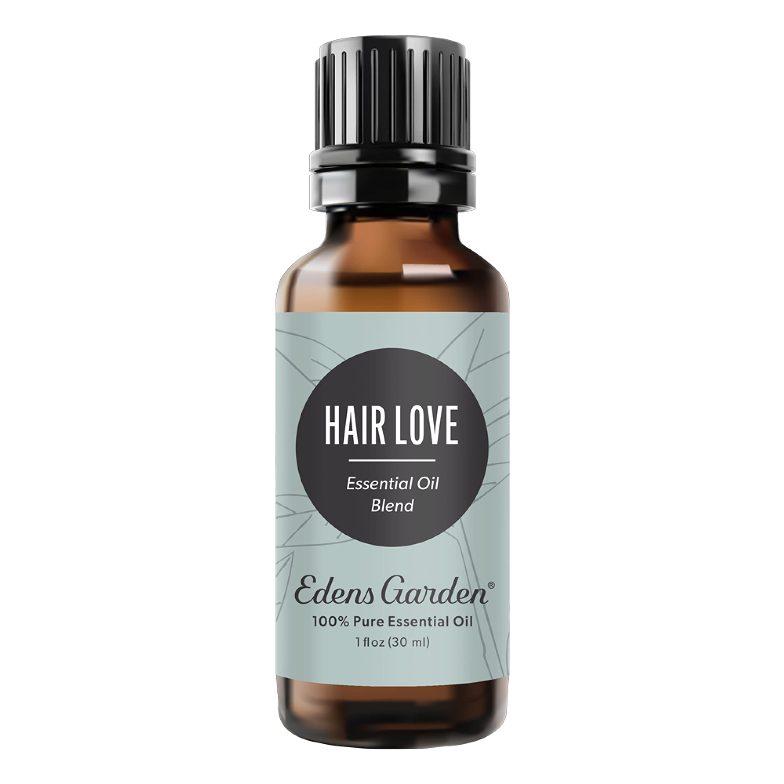 Edens Garden Hair Love bottle label, premium essential oil blend for daily aromatherapy.