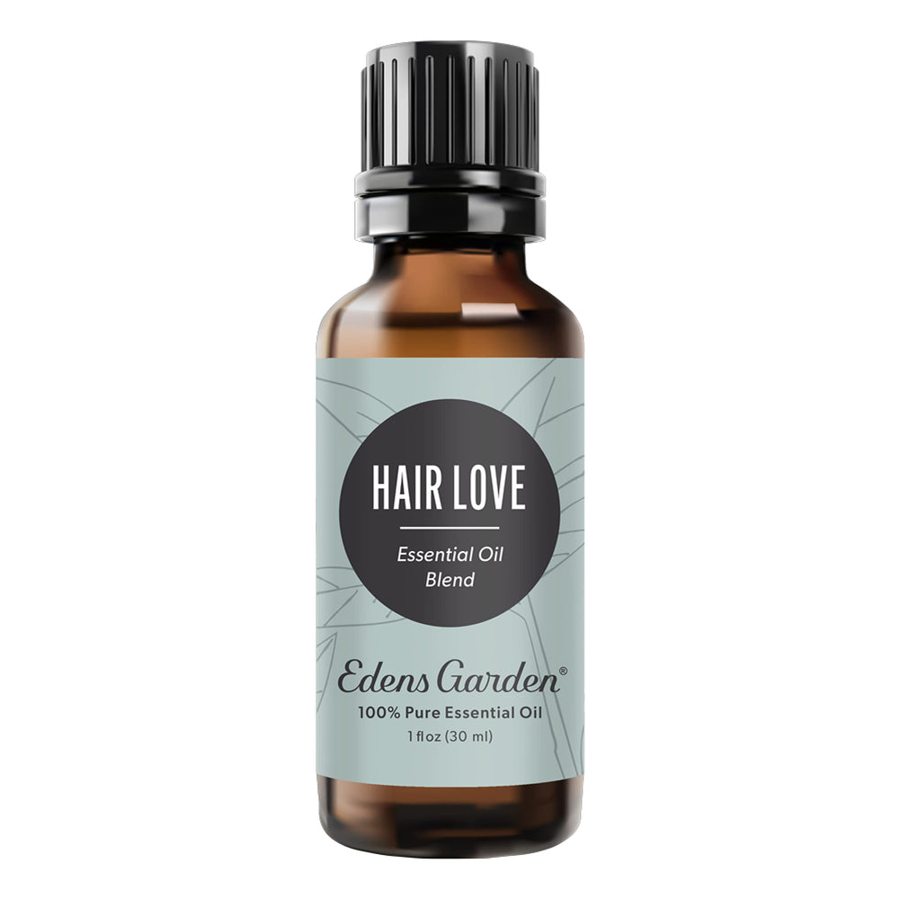 Edens Garden Hair Love bottle label, premium essential oil blend for daily aromatherapy.