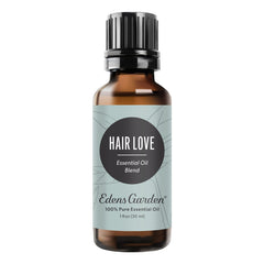 Edens Garden Hair Love bottle label, premium essential oil blend for daily aromatherapy.