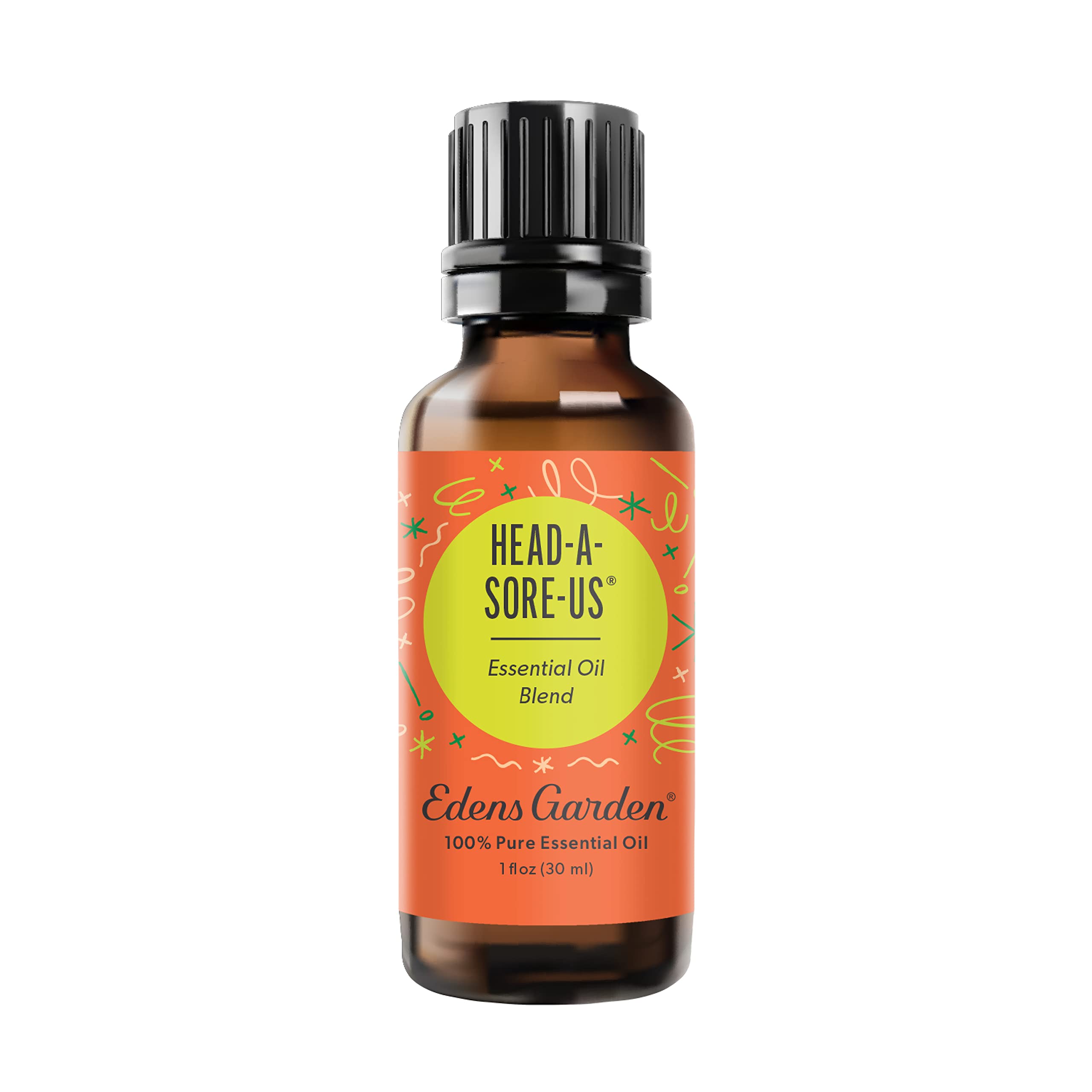 Edens Garden Head-A-Sore-Us bottle close-up showing pure essential oils for wellness routines