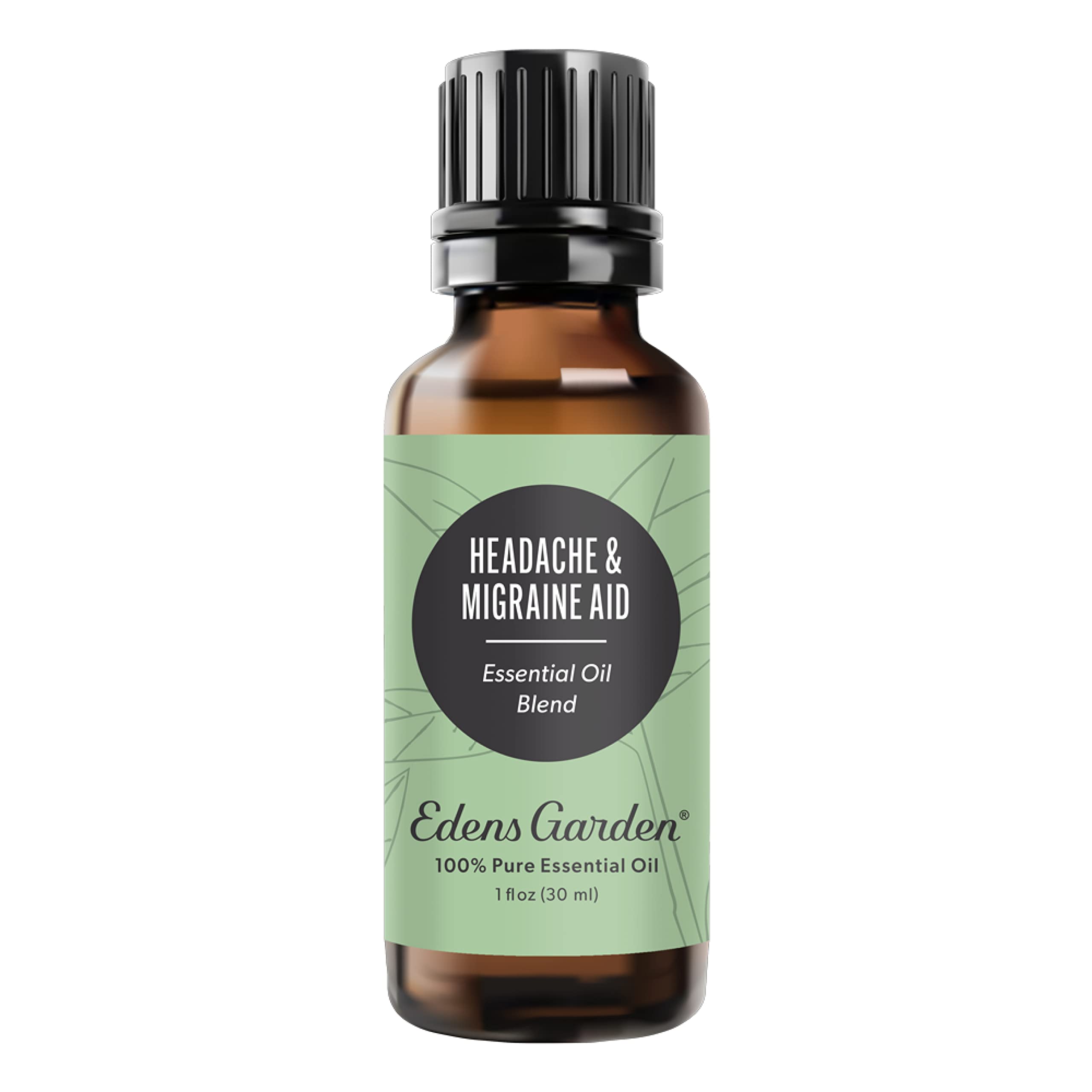 Edens Garden Headache and Migraine Aid bottle for aromatherapy use and calm ambiance.