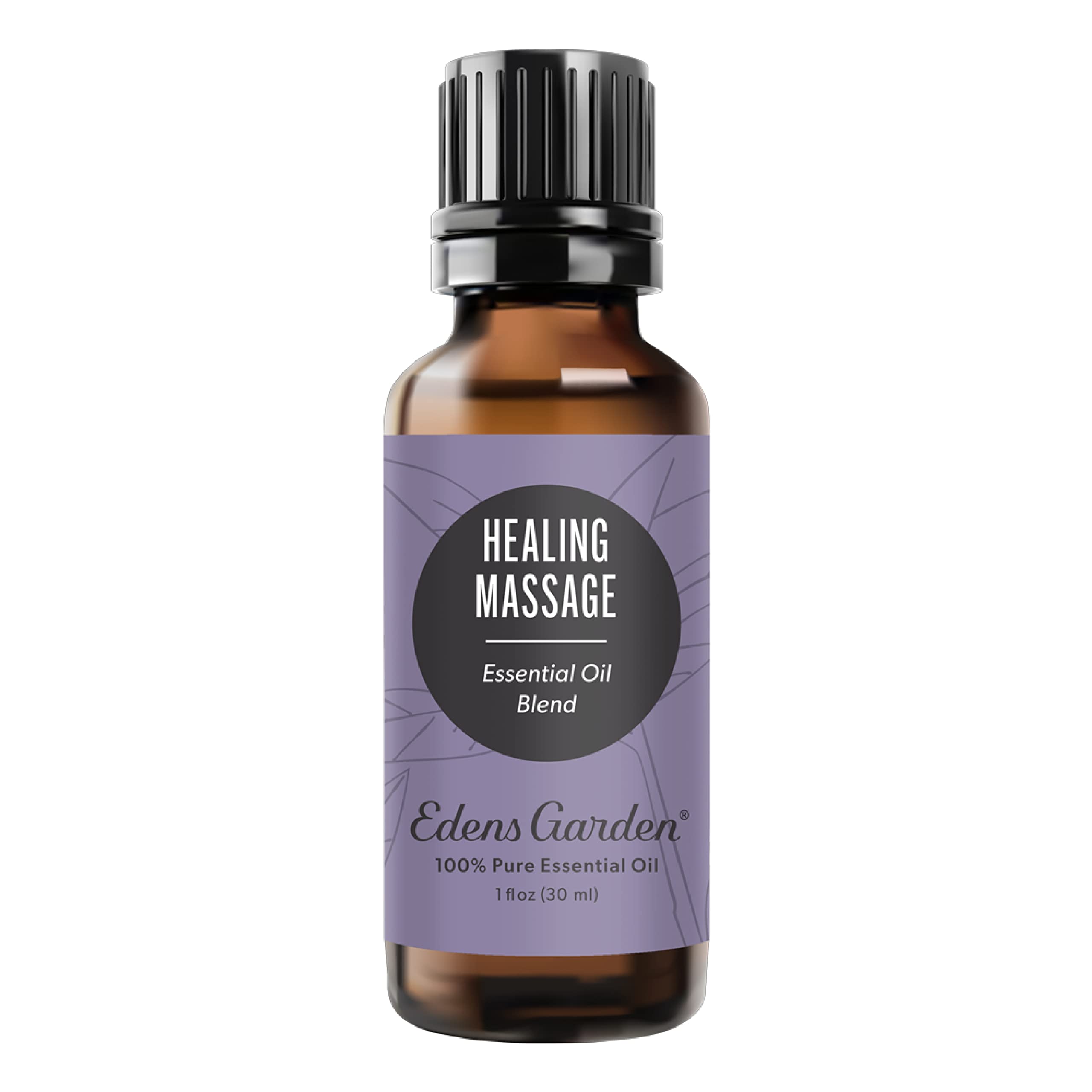 Edens Garden Healing Massage blend bottle closeup for home aromatherapy.
