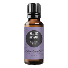 Edens Garden Healing Massage blend bottle closeup for home aromatherapy.