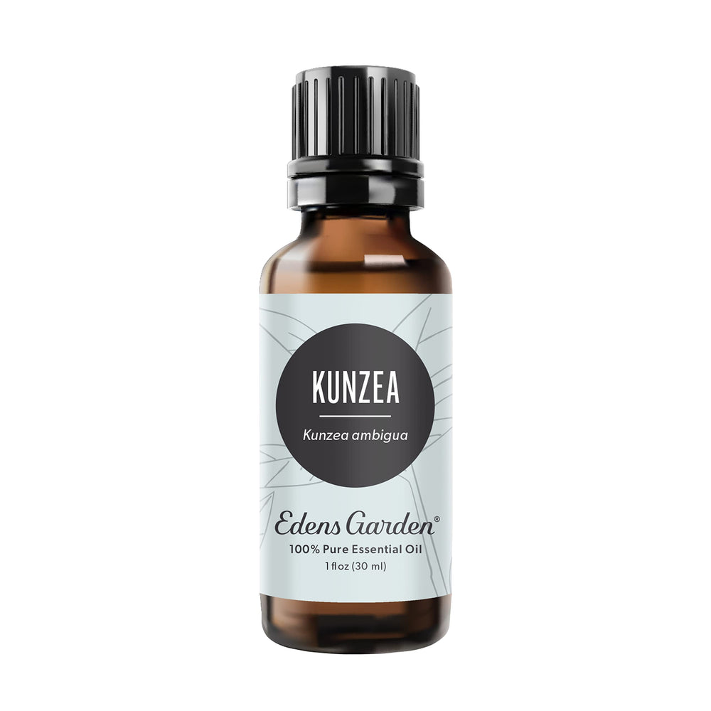 Edens Garden Kunzea essential oil bottle close-up for aromatic relaxation.