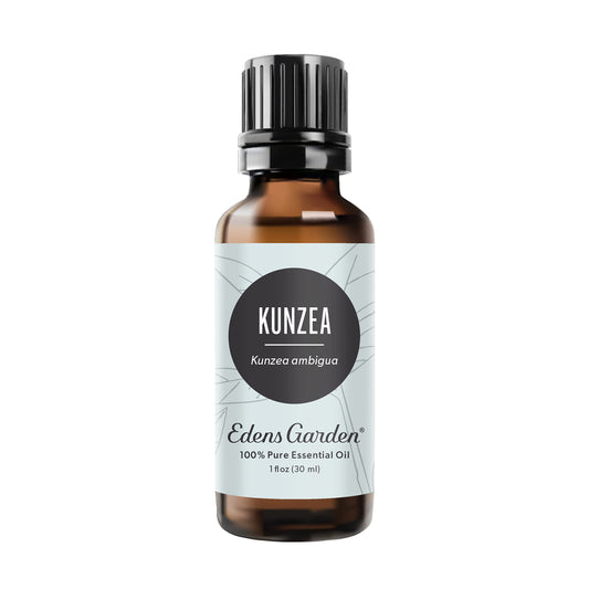 Edens Garden Kunzea essential oil bottle close-up for aromatic relaxation.