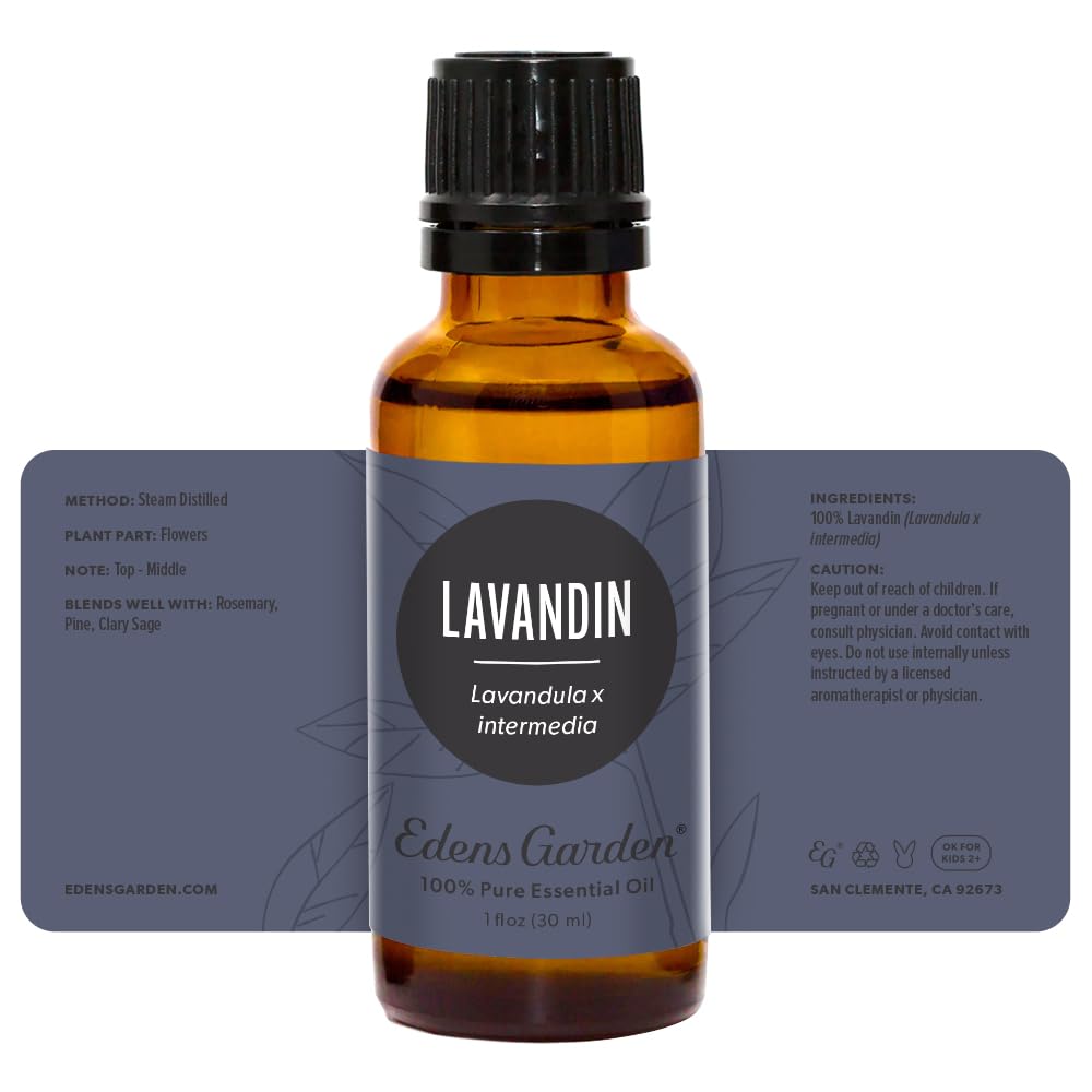 Edens Garden Lavandin closeup label emphasizing authenticity and purity.