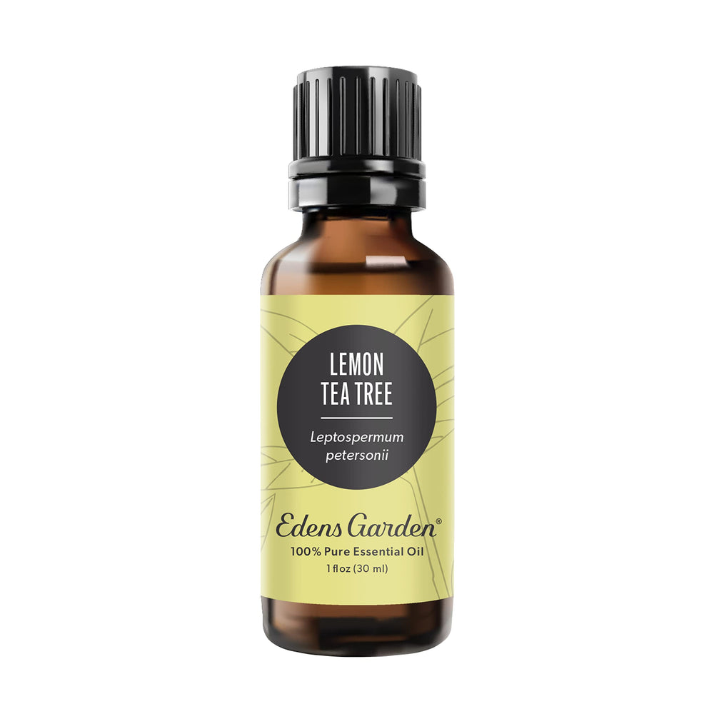 Edens Garden Lemon Tea Tree oil bottle closeup for diffuser and home care.