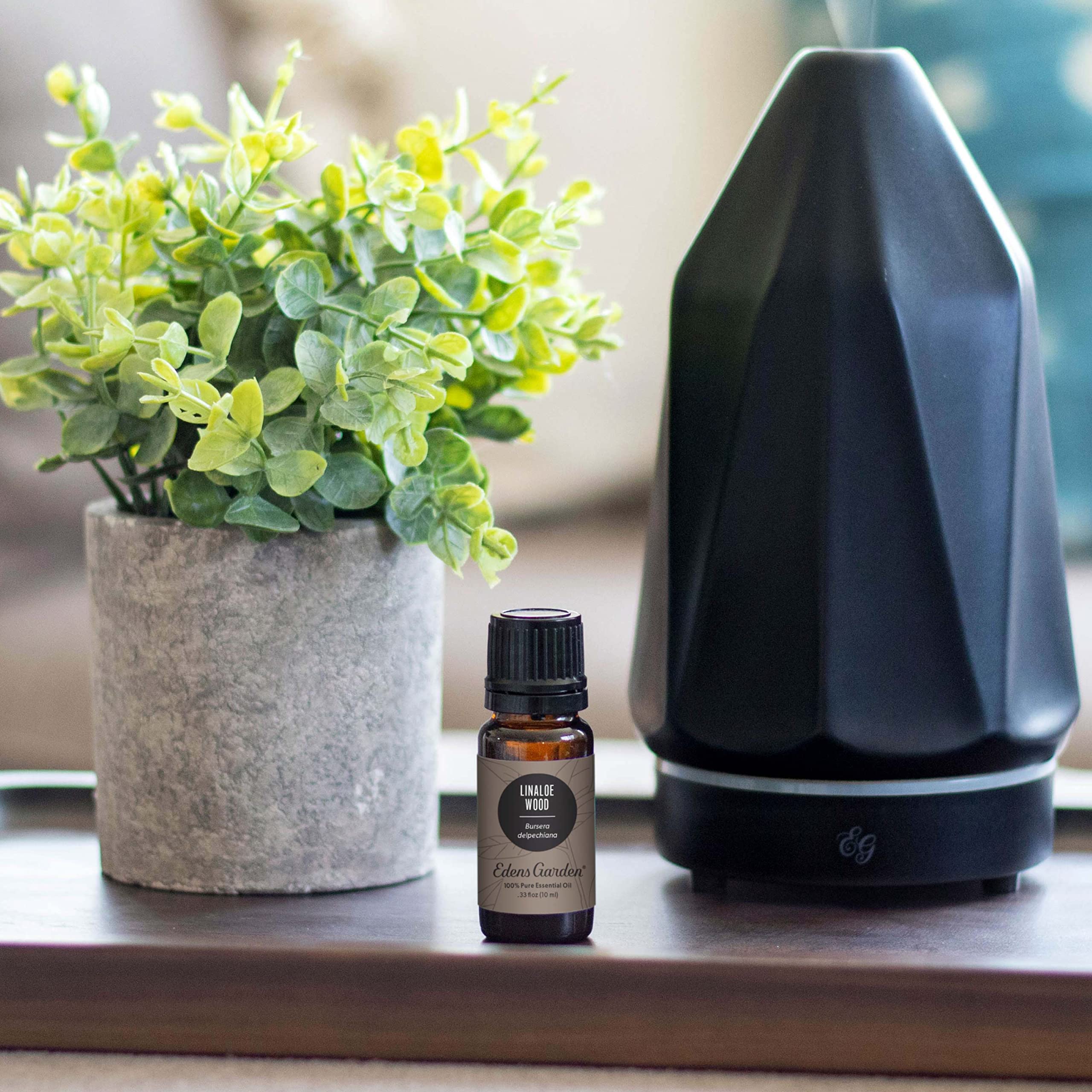 Linaloe Wood diffuser scene for serene workspace with Edens Garden.