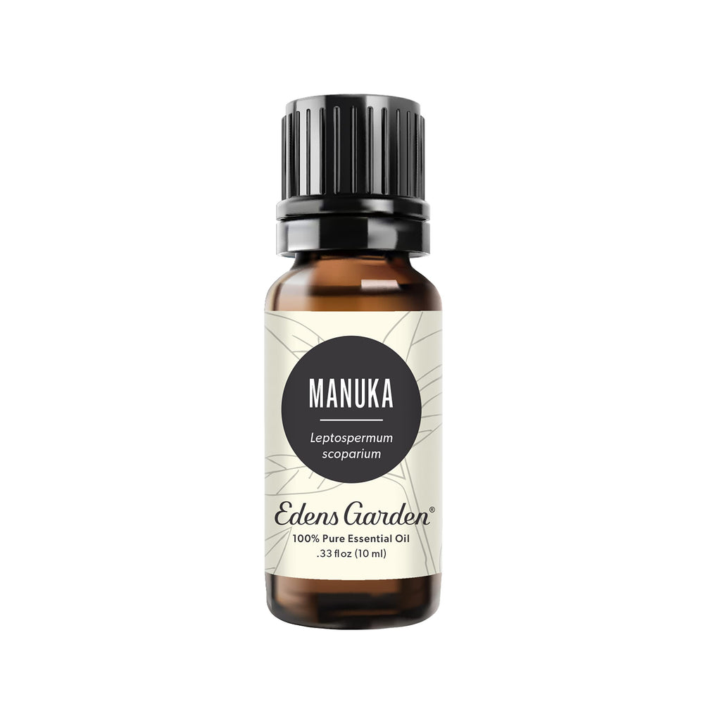 Edens Garden Manuka essential oil bottle highlights earthy aroma for daily diffusion.