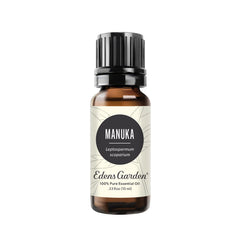 Edens Garden Manuka essential oil bottle highlights earthy aroma for daily diffusion.